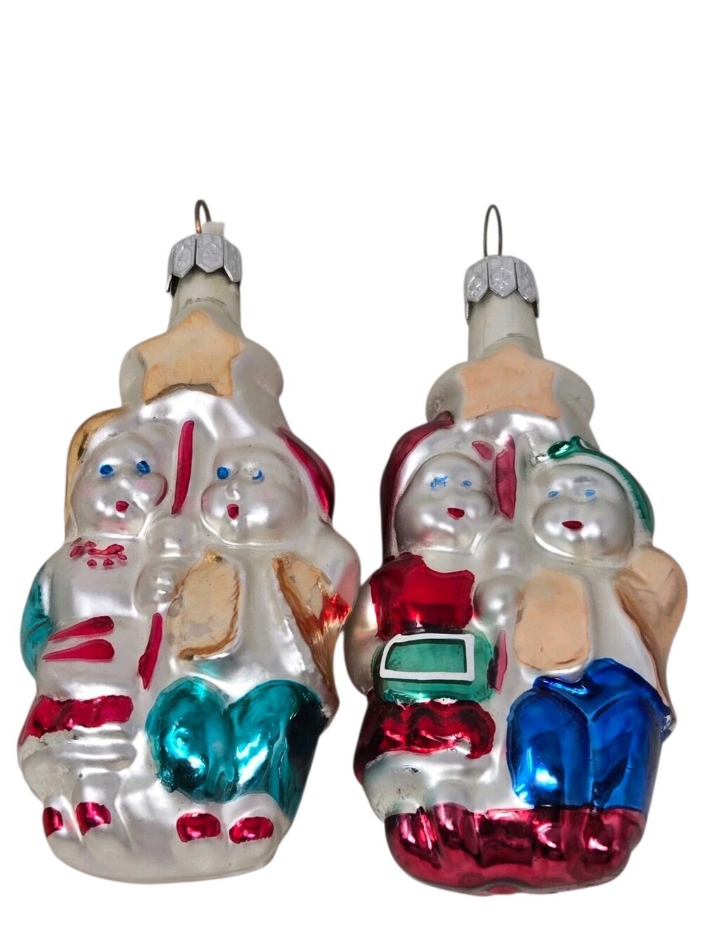 VTG Glass Christmas Ornament Boy & Girl Holding a Star Made In Poland Set Of 2